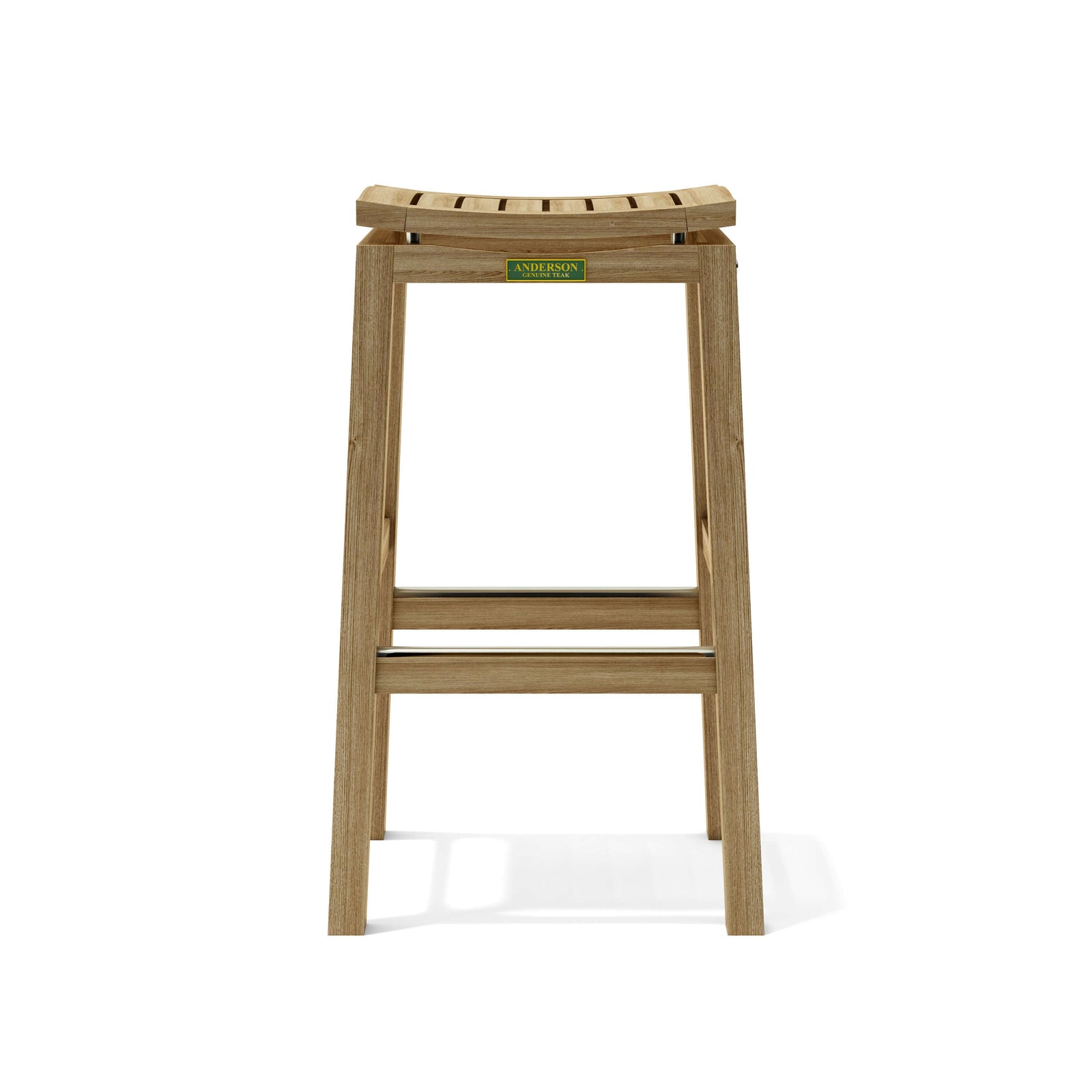 Wooden bar stool with a brand label on a white background