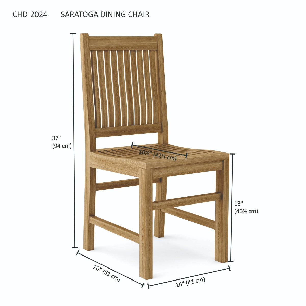 Wooden dining chair with dimensions labeled on a white background