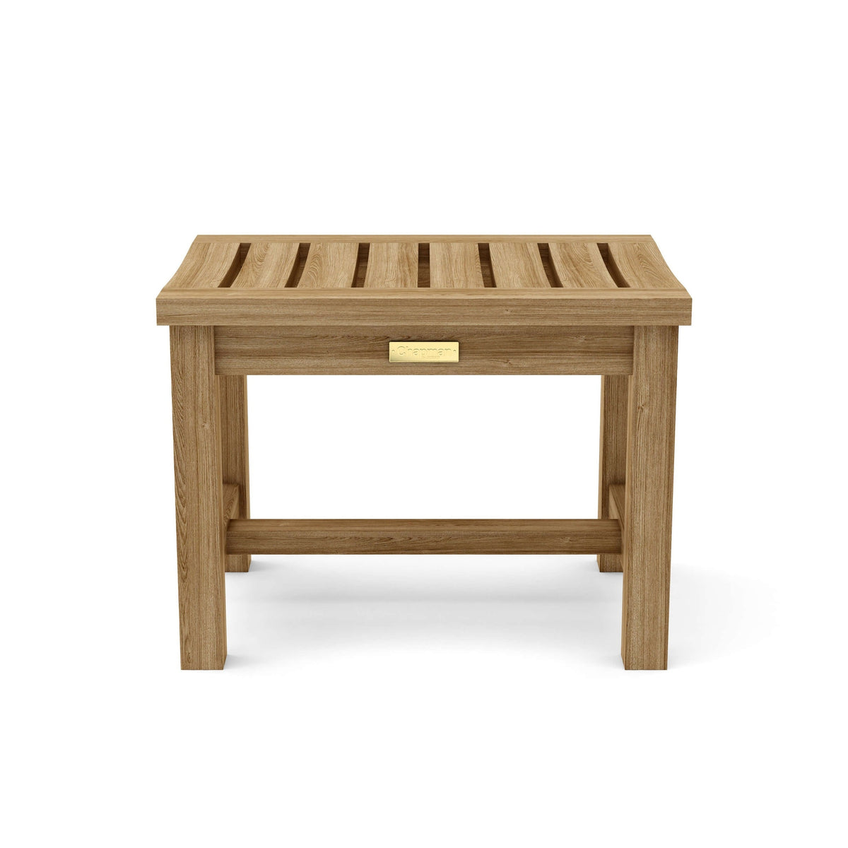 Wooden stool with a gold plaque on a white background