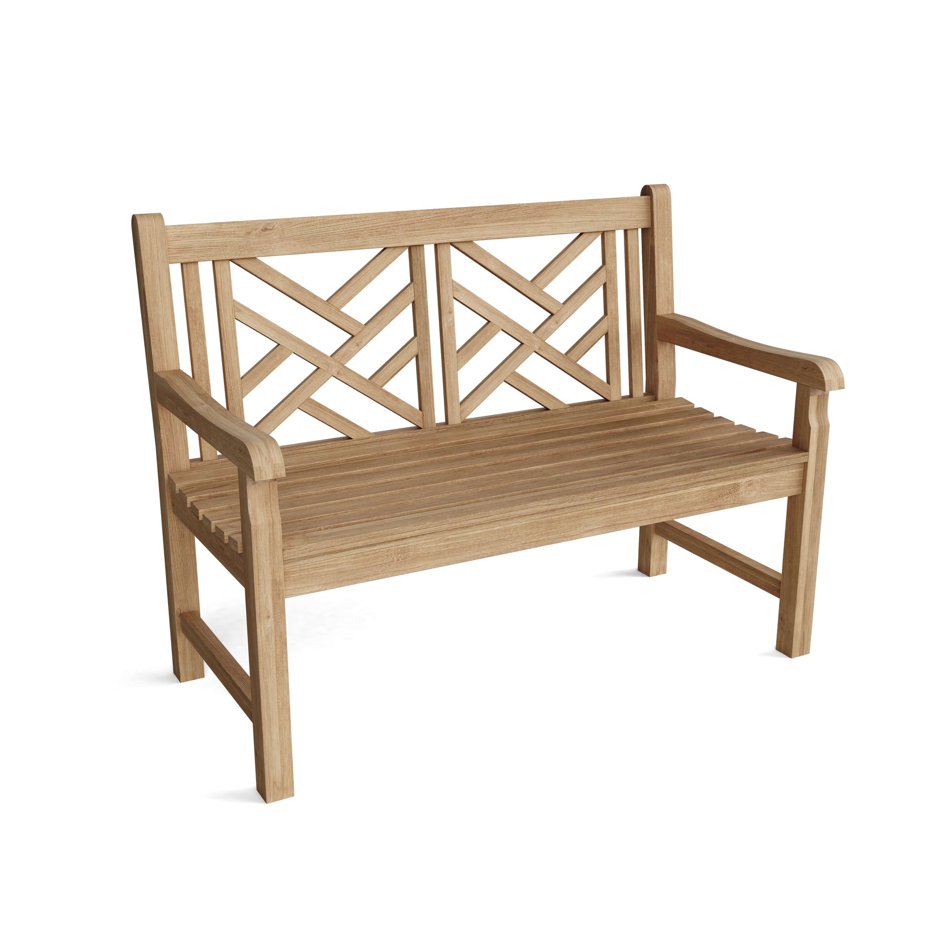 Wooden bench with lattice backrest on a white background
