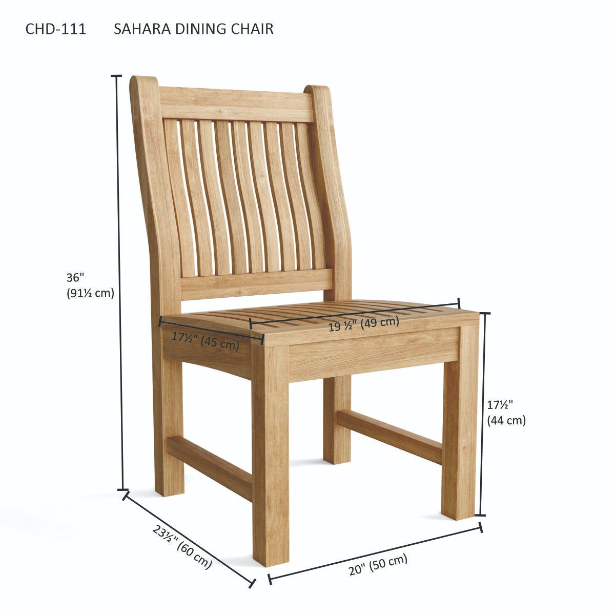 Wooden Sahara dining chair with dimensions on a white background