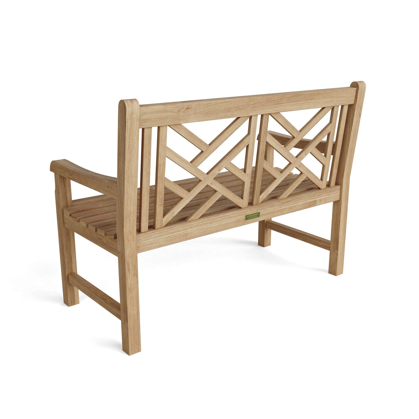 Wooden bench with lattice backrest on a white background