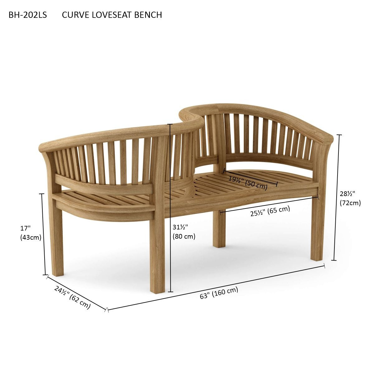 Wooden curve loveseat bench with dimensions on a white background