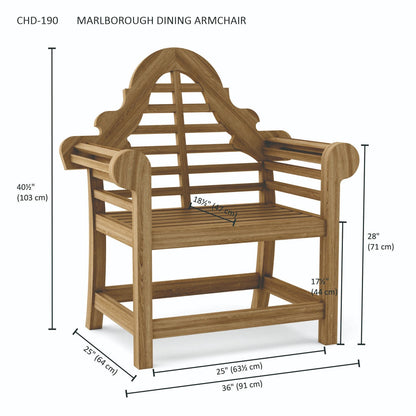 Wooden Marlborough Dining Armchair with dimensions on a white background
