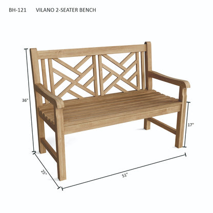 Wooden bench with lattice backrest and dimensions on a white background