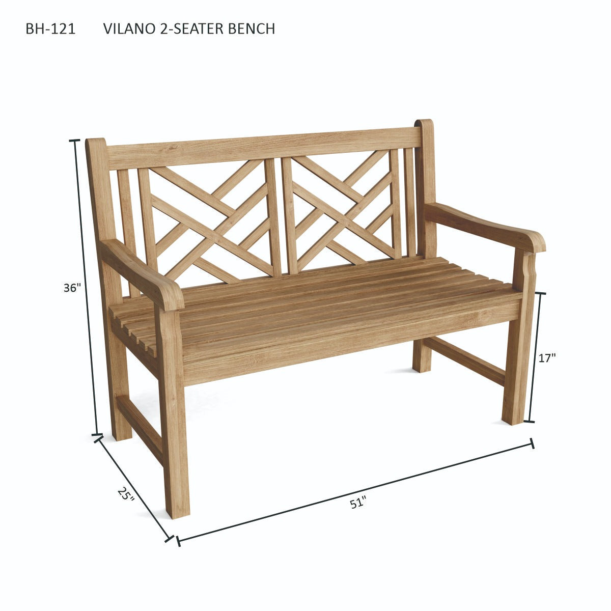 Wooden bench with lattice backrest and dimensions on a white background