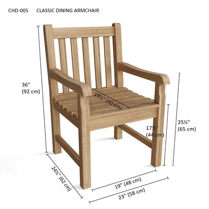 Wooden dining armchair with dimensions labeled on a white background