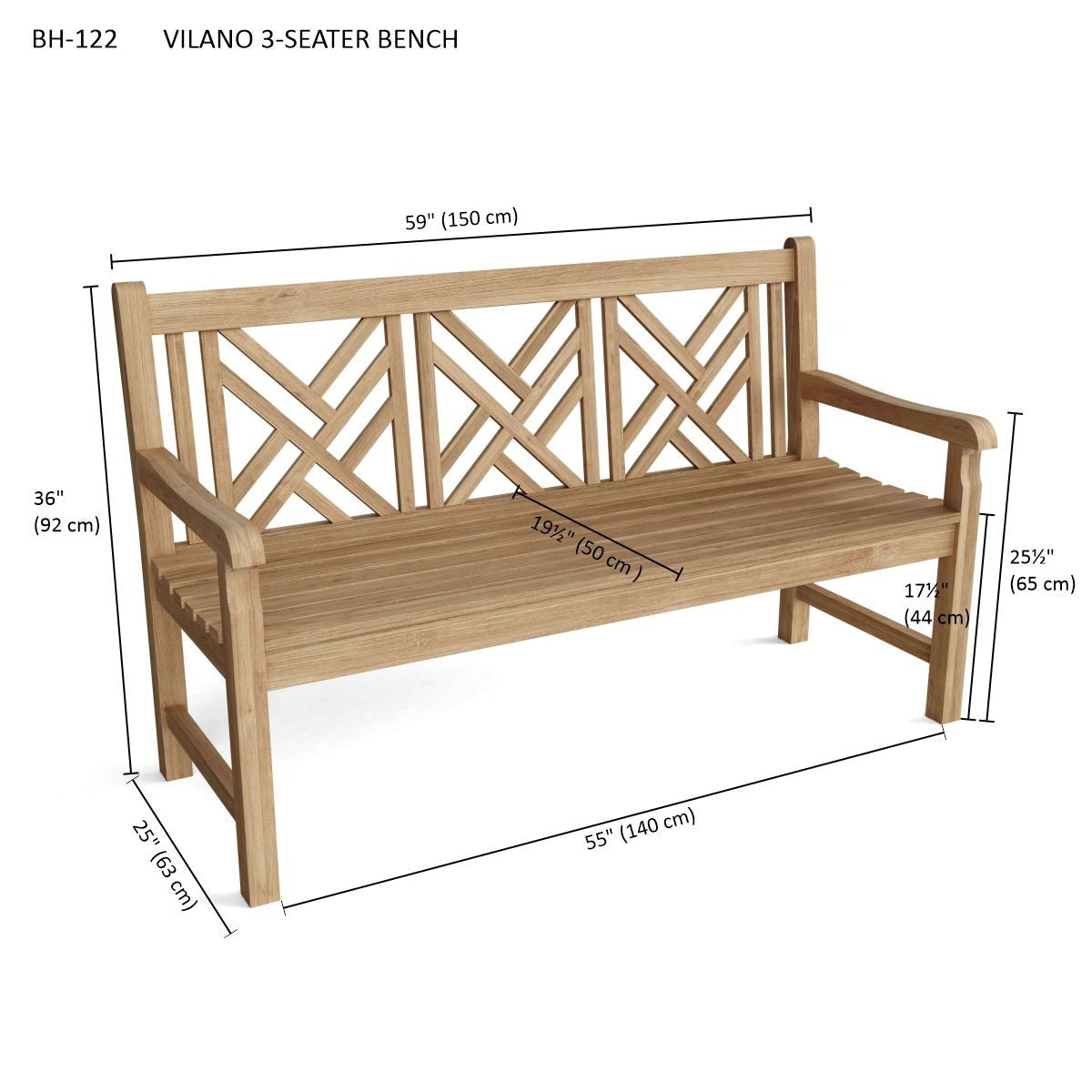 Wooden bench with dimensions labeled on a white background