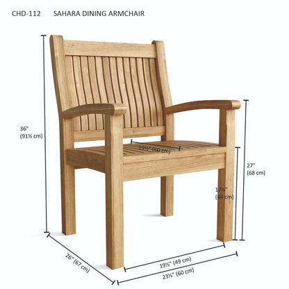 Wooden dining armchair with dimensions labeled on a white background