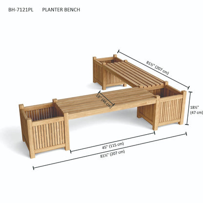 Wooden planter bench with dimensions on a white background