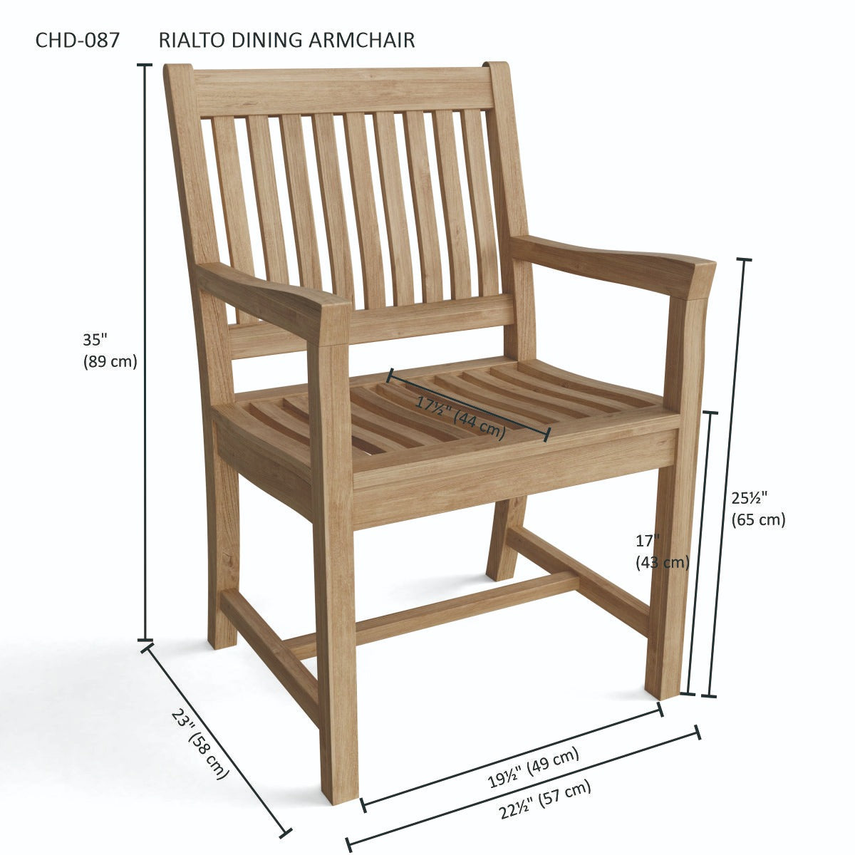 Wooden dining armchair with dimensions labeled on a white background