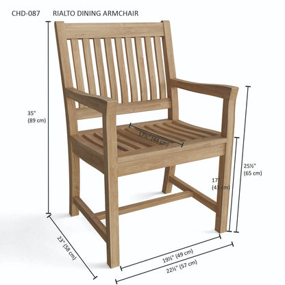 Wooden dining armchair with dimensions labeled on a white background