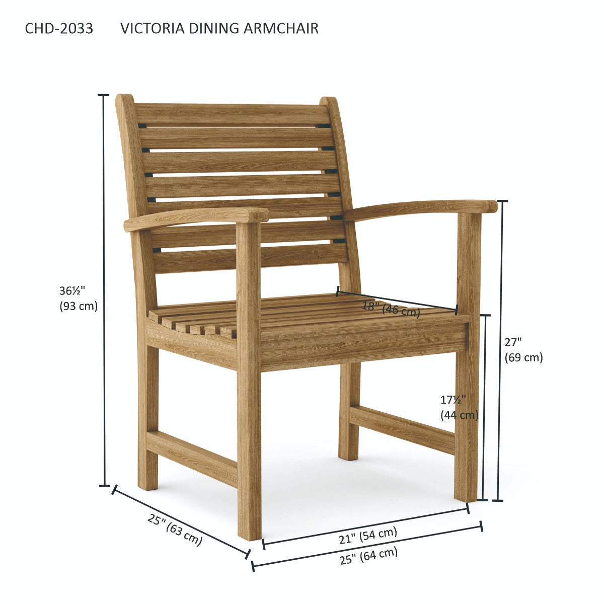 Wooden dining armchair with dimensions labeled on a white background