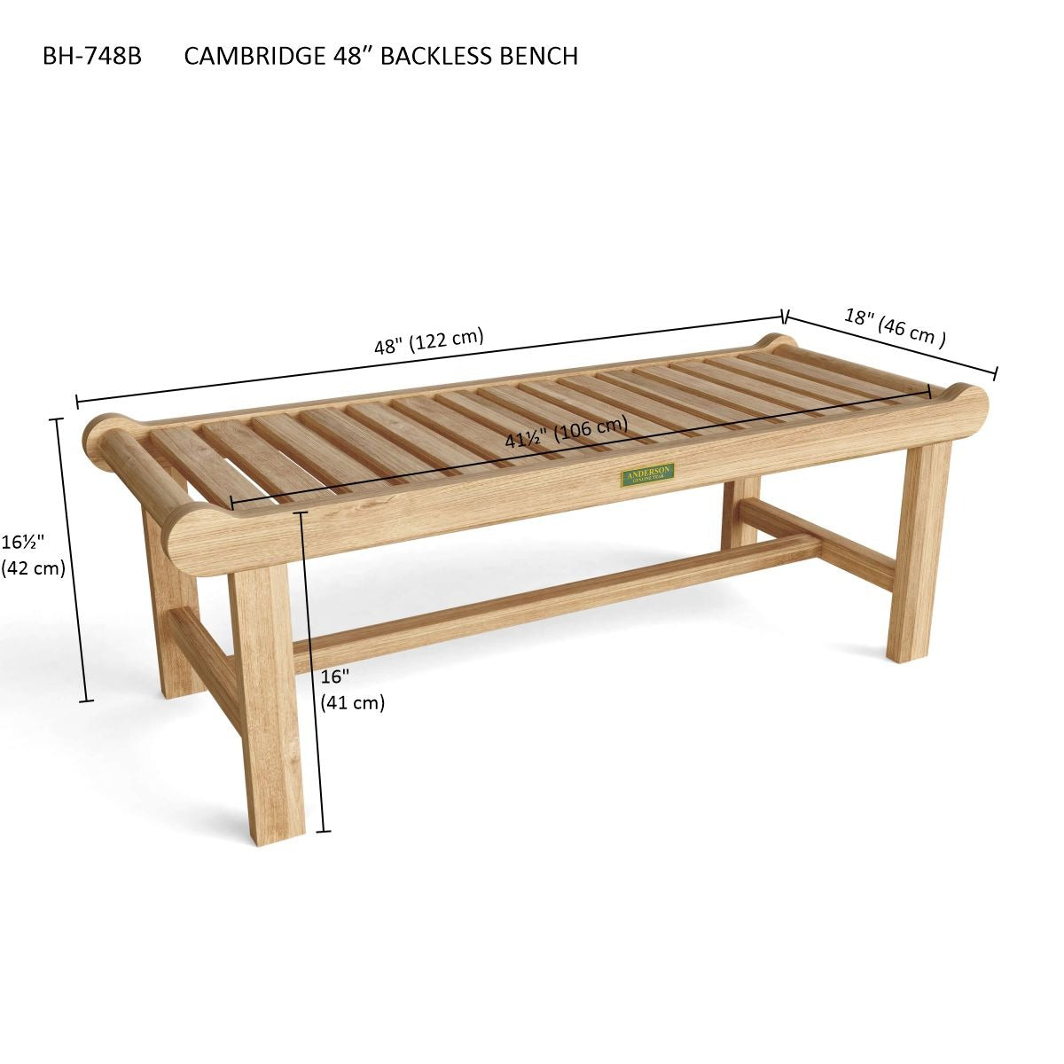 Wooden bench with dimensions labeled on a white background