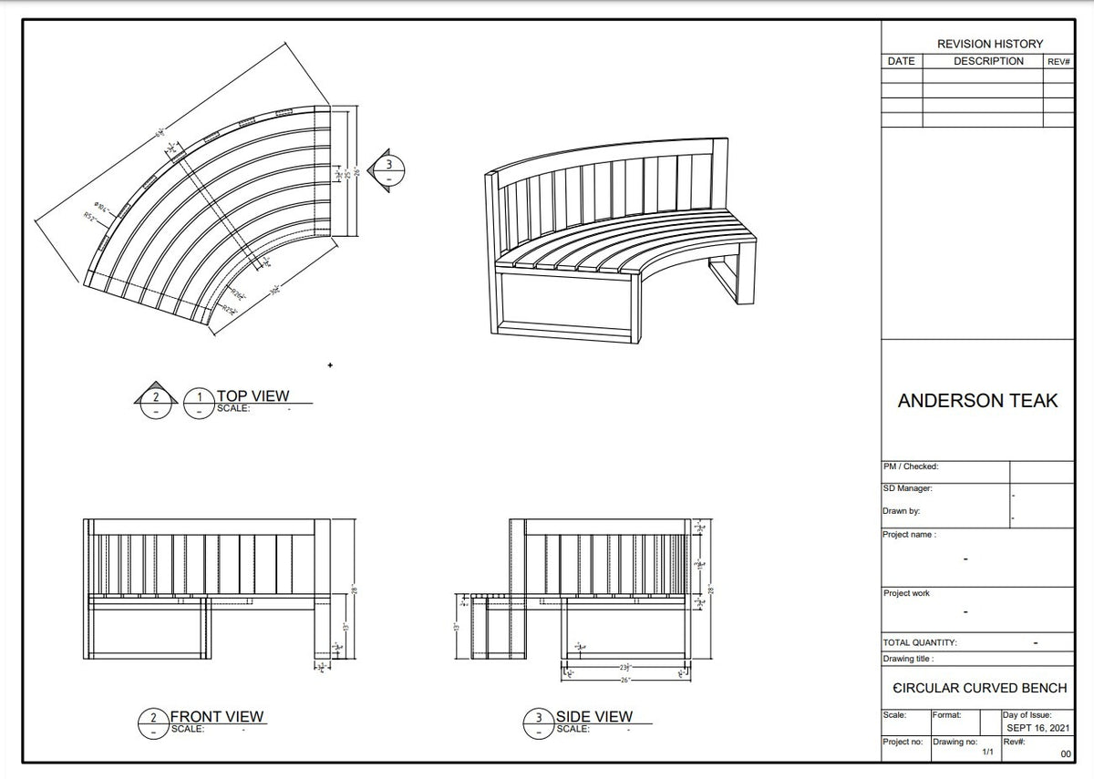 Technical drawing of a circular curved bench with views from top, front, and side.