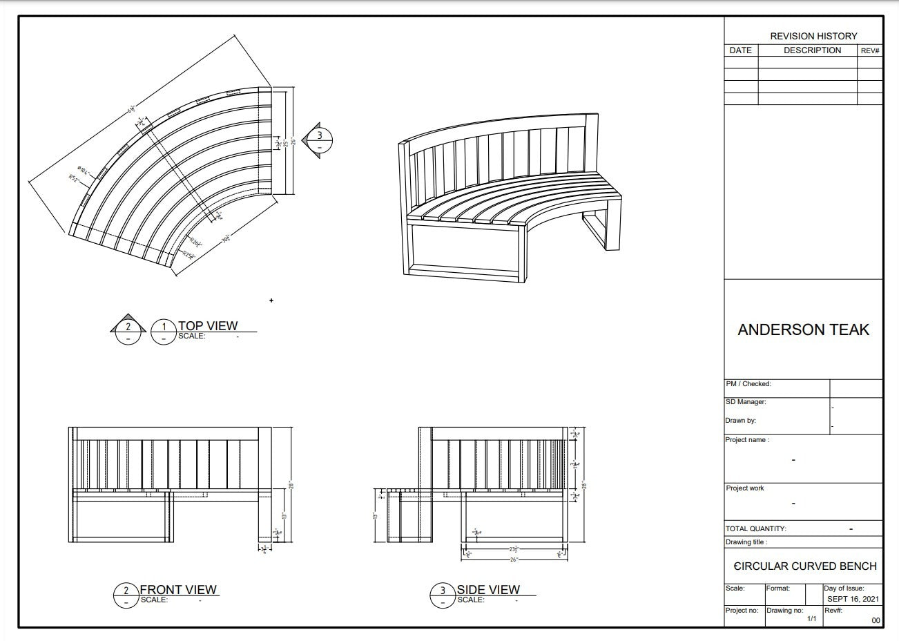 Technical drawing of a circular curved bench with views from top, front, and side.