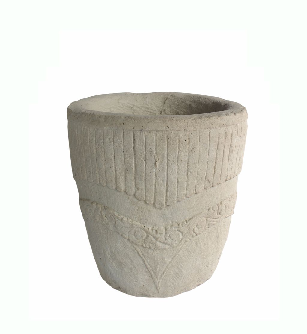 Decorative stone planter with textured surface on a white background
