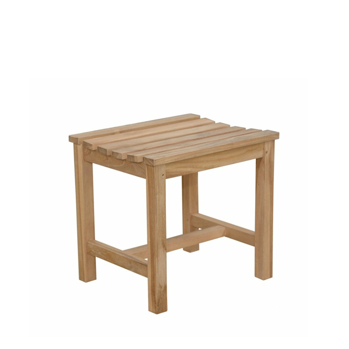 Wooden stool with a slatted seat on a white background