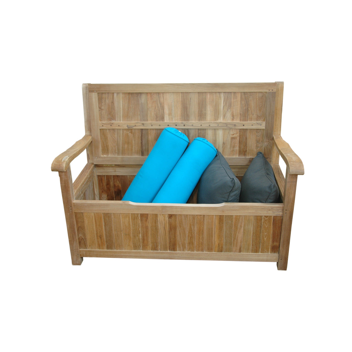 Wooden bench with blue and gray cushions on a white background