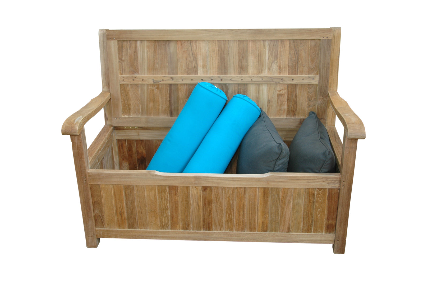Wooden bench with blue and gray cushions on a white background