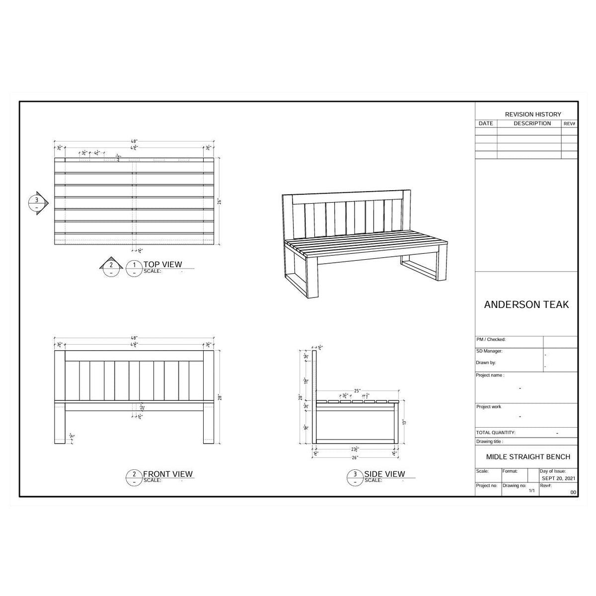 Technical drawing of a bench with dimensions and views labeled