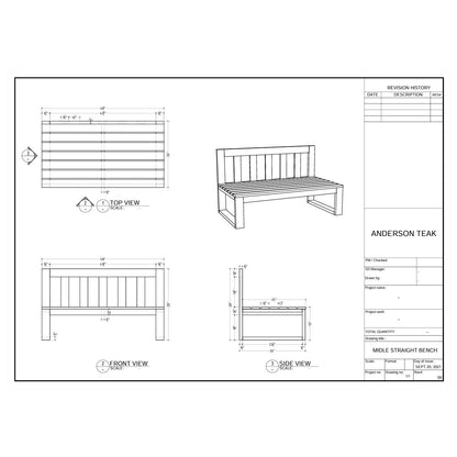 Technical drawing of a bench with dimensions and views labeled
