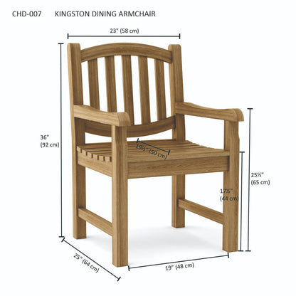 Wooden dining armchair with dimensions on a white background