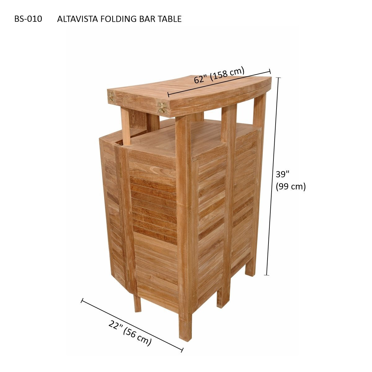 Wooden folding bar table with dimensions on a white background