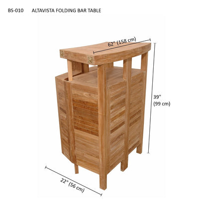 Wooden folding bar table with dimensions on a white background