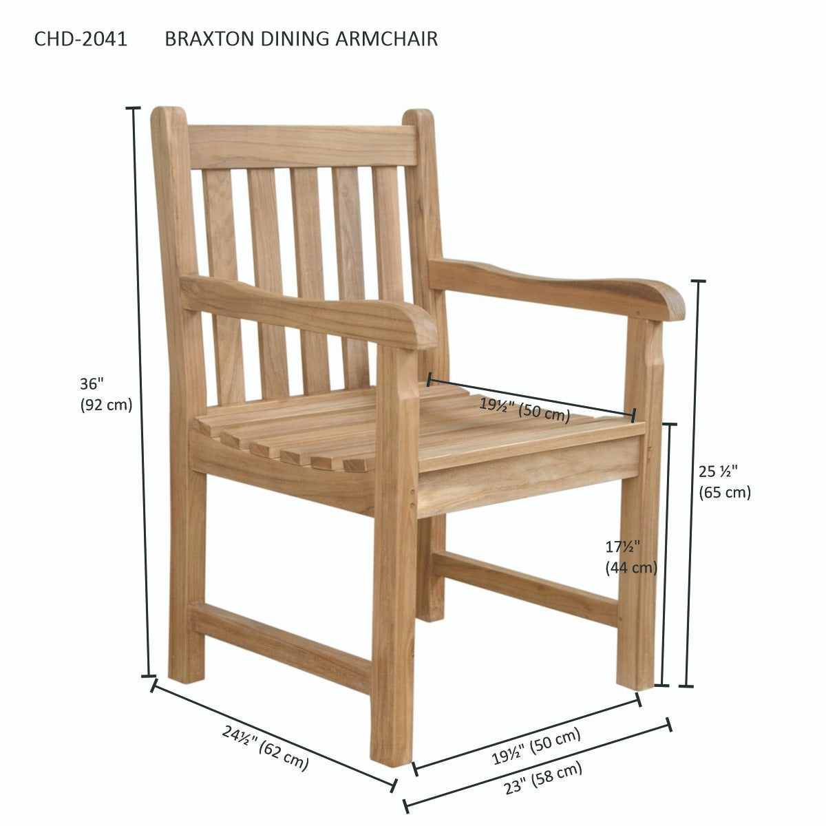 Wooden dining armchair with dimensions labeled on a white background