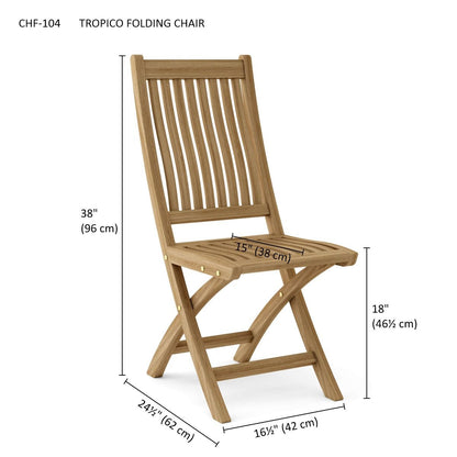 Wooden folding chair with dimensions labeled on a white background