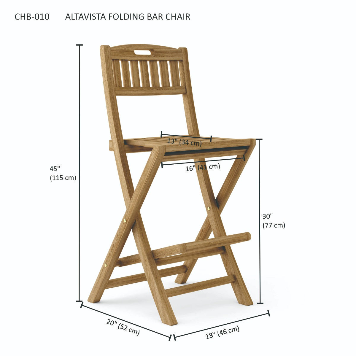 Wooden folding bar chair with dimensions on a white background