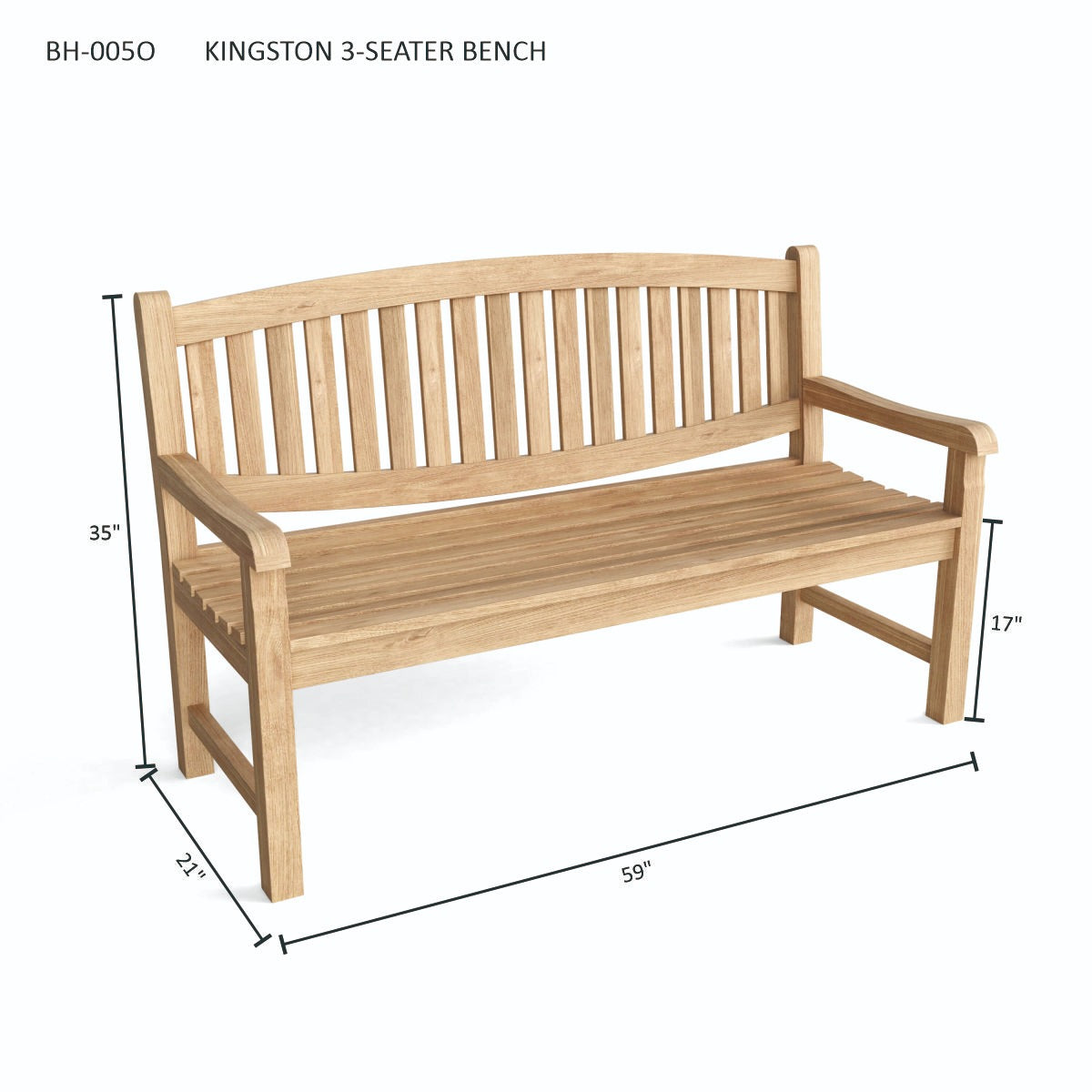 Wooden bench with dimensions labeled on a white background