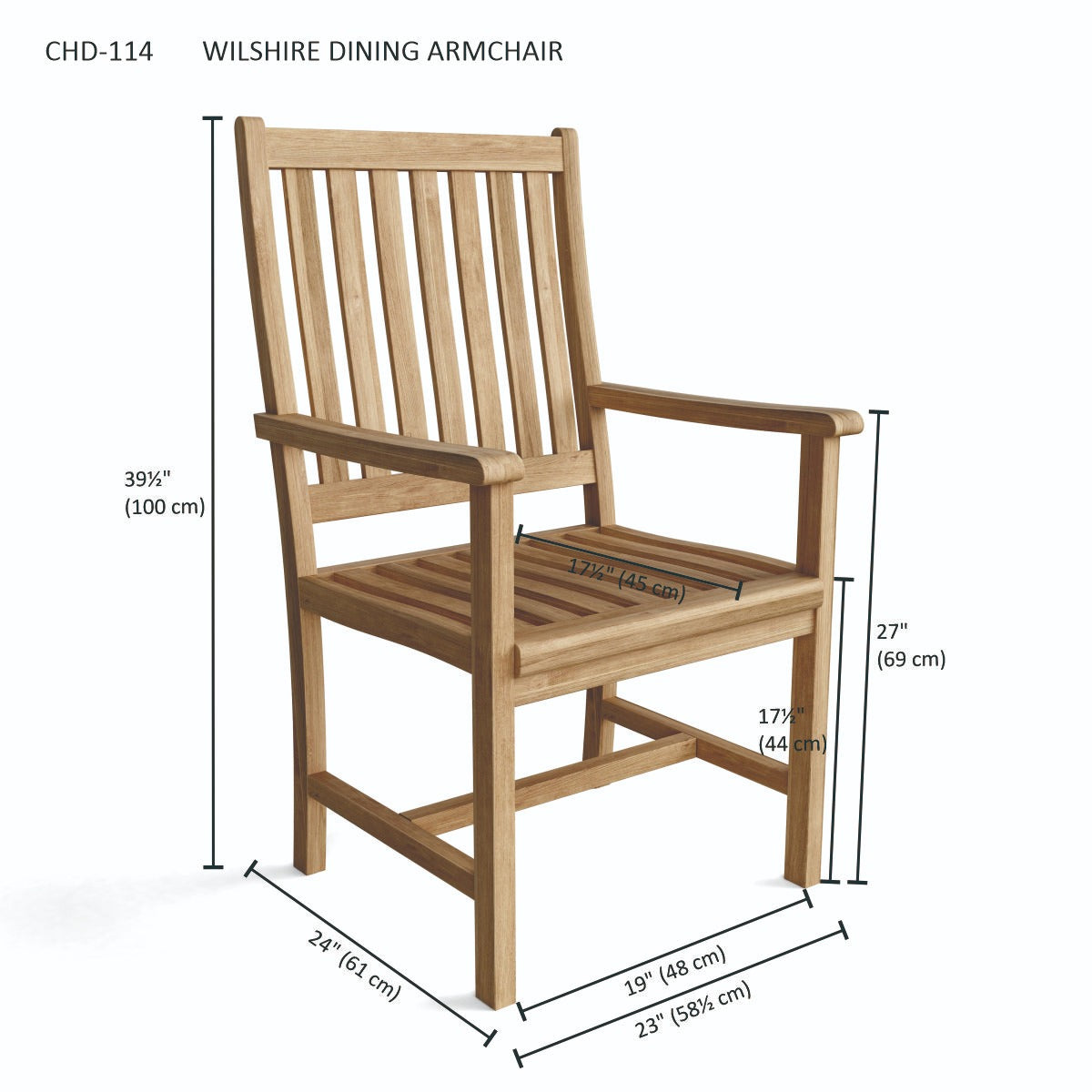 Wooden dining armchair with dimensions labeled on a white background