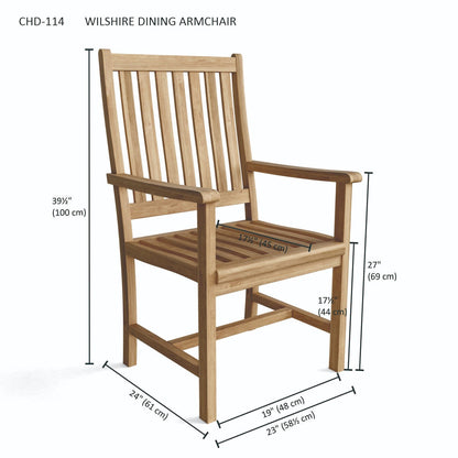 Wooden dining armchair with dimensions labeled on a white background