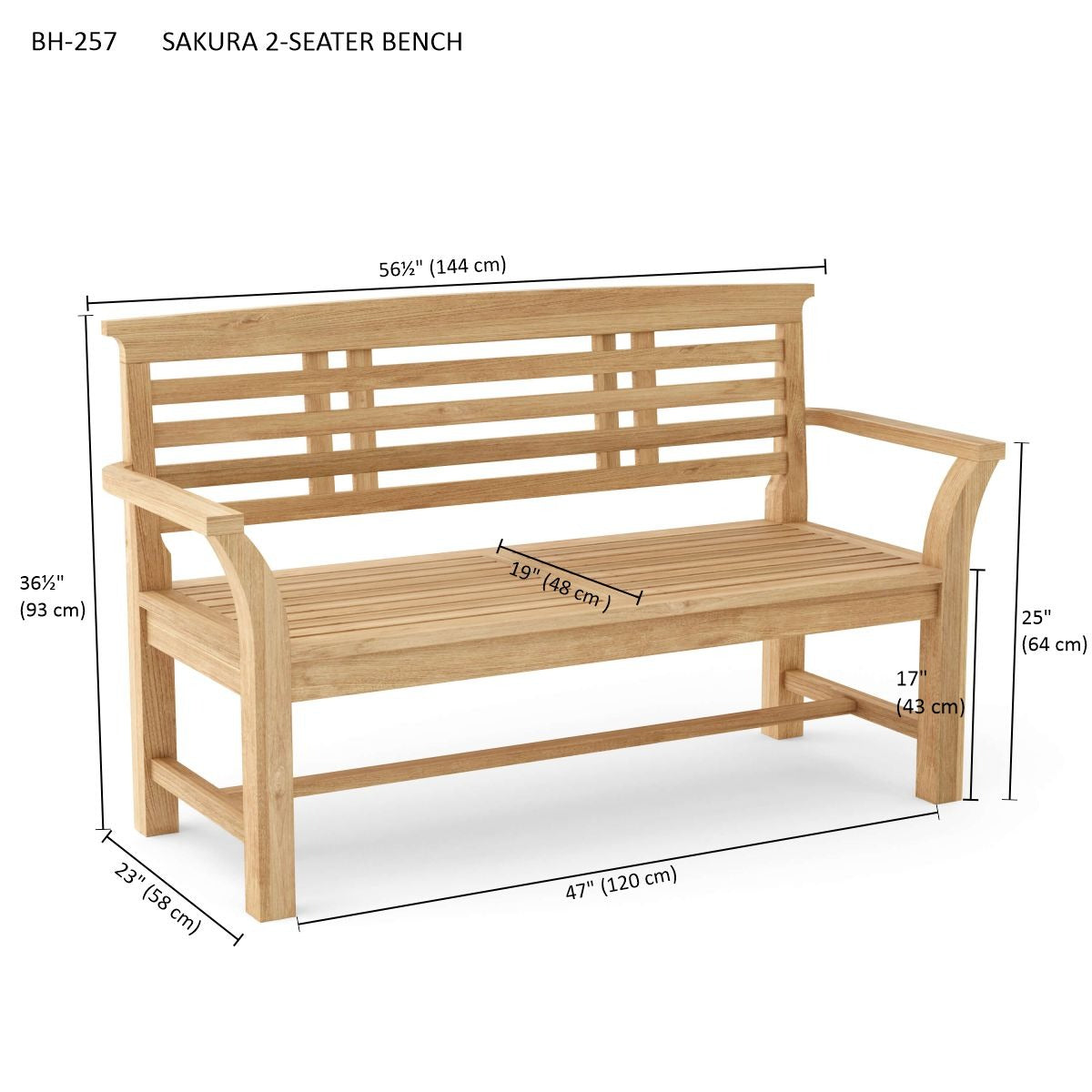 Wooden bench labeled 'Sakura 2-Seater Bench' with dimensions on a white background