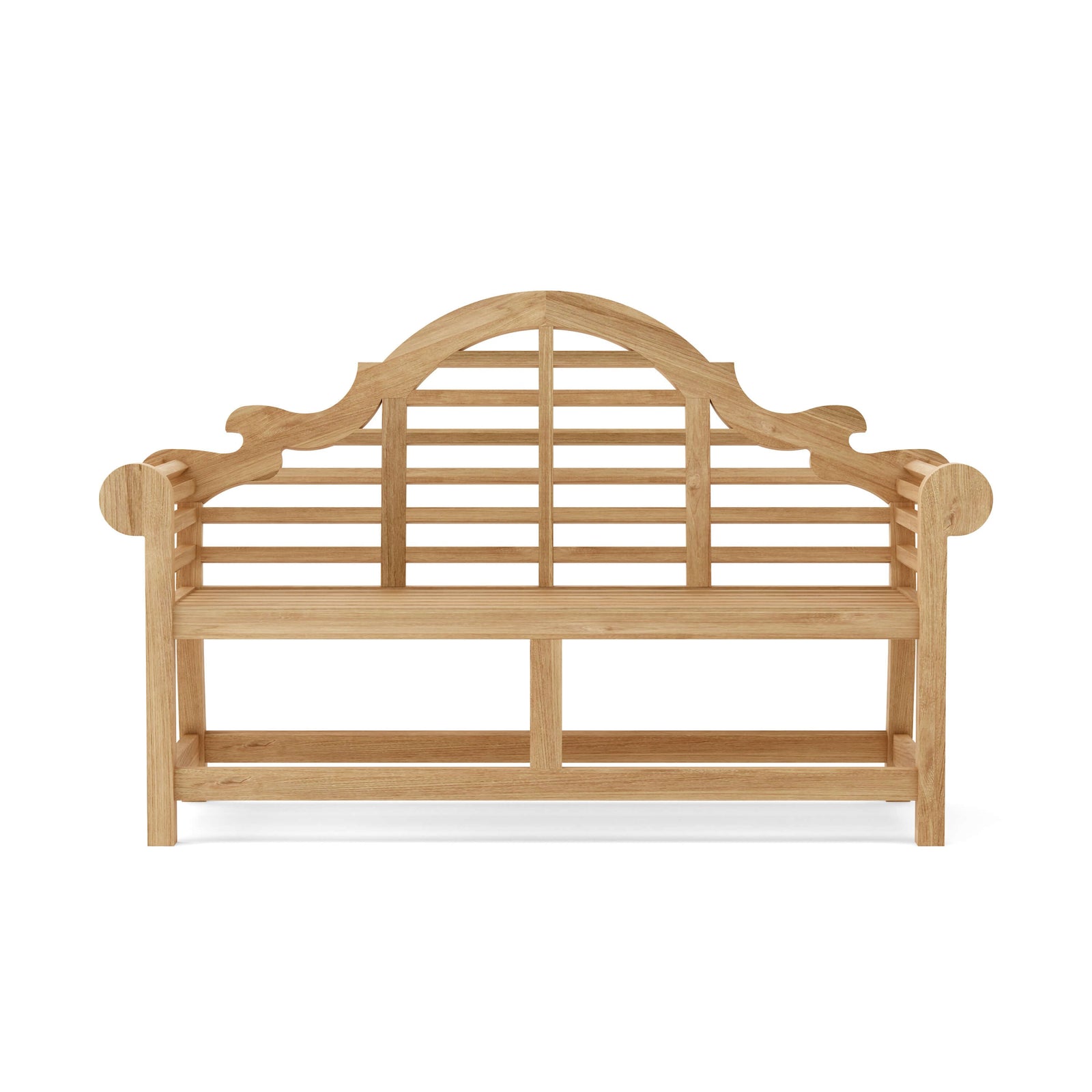 Wooden bench with curved backrest on a white background