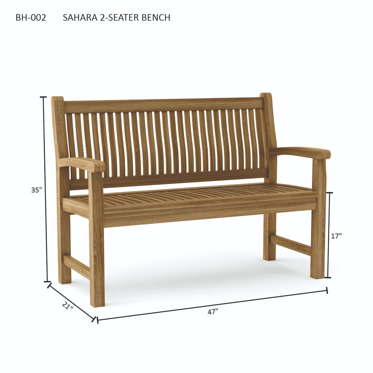 Wooden 2-seater bench with dimensions on a white background
