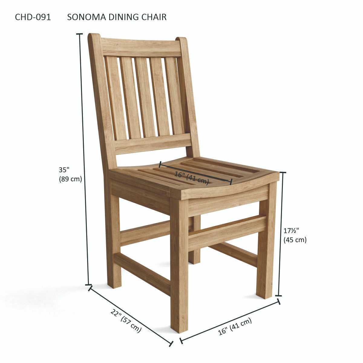 Wooden dining chair with dimensions labeled on a white background