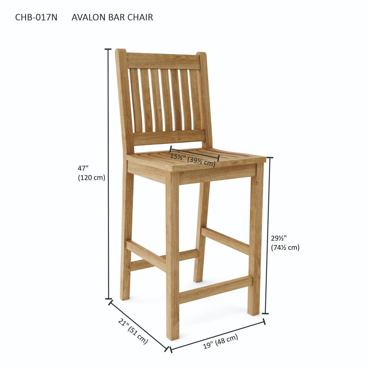 Wooden bar chair with dimensions labeled on a white background