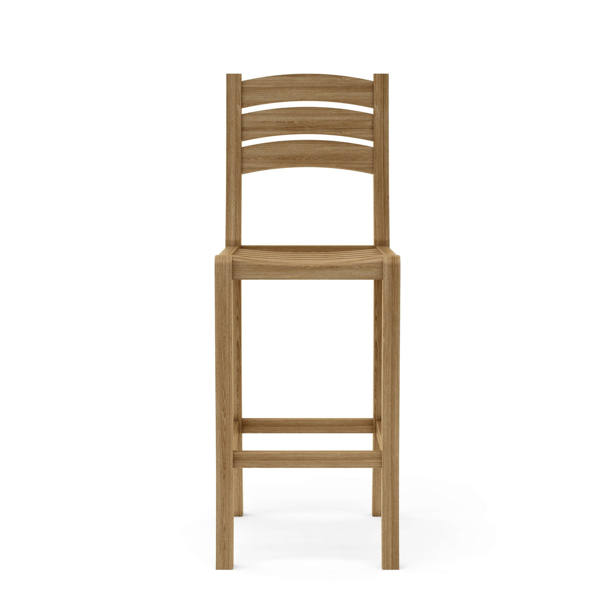 Wooden bar stool with slatted backrest on a white background