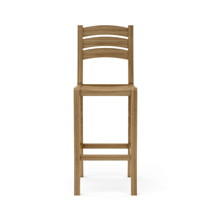 Wooden bar stool with slatted backrest on a white background