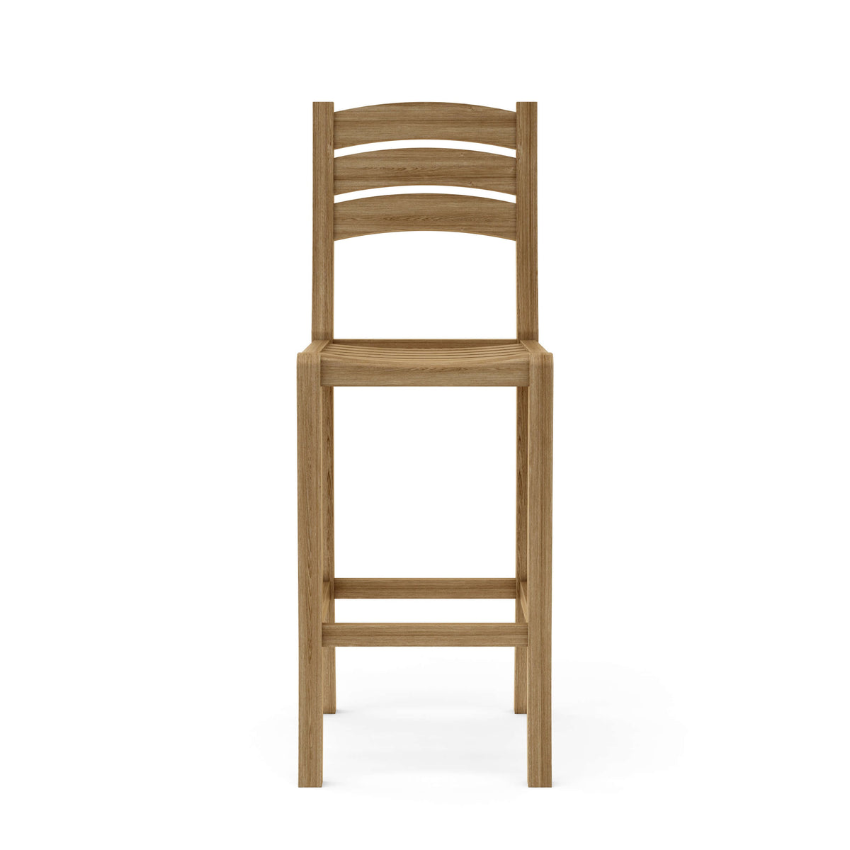 Wooden bar stool with slatted backrest on a white background