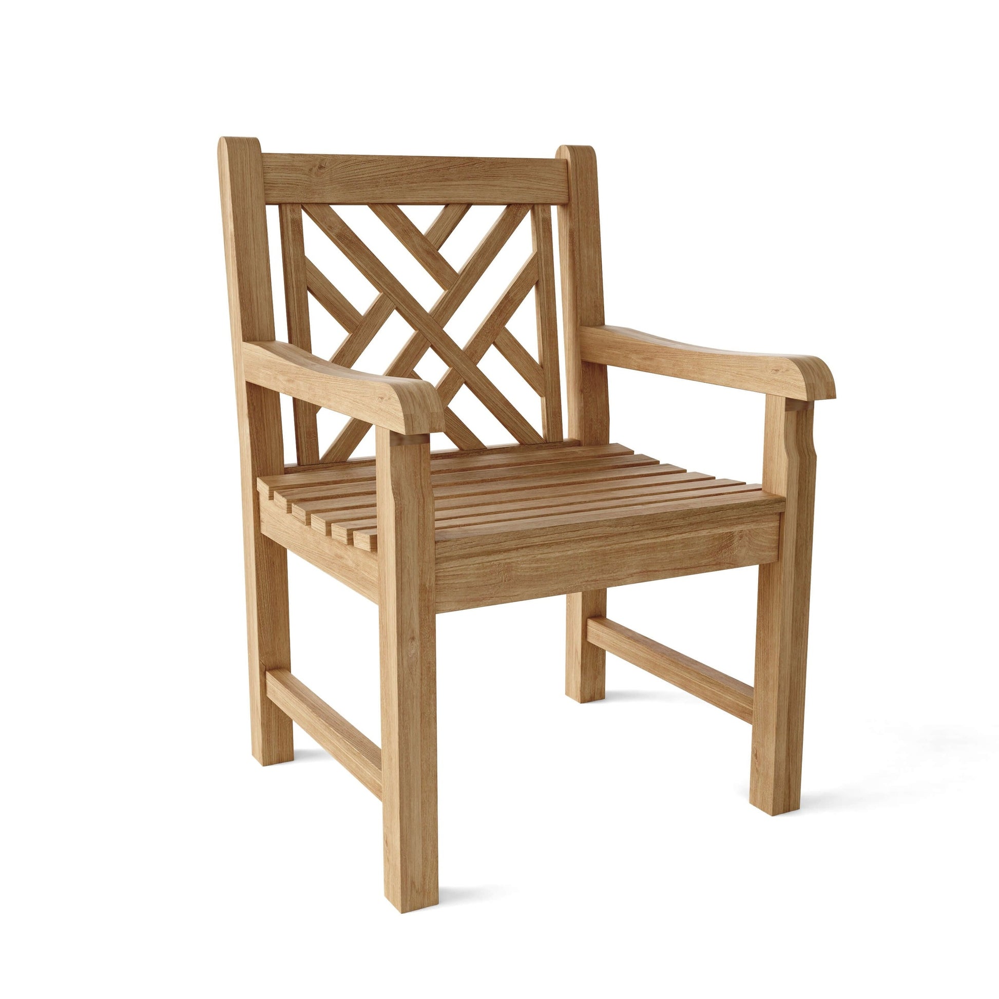 Wooden chair with lattice back design on a white background
