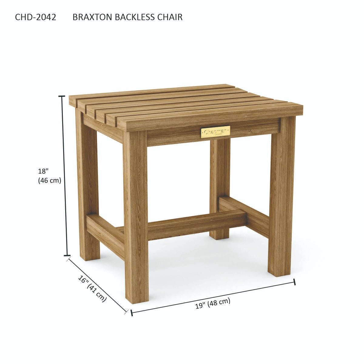 Wooden Braxton backless chair with dimensions on a white background