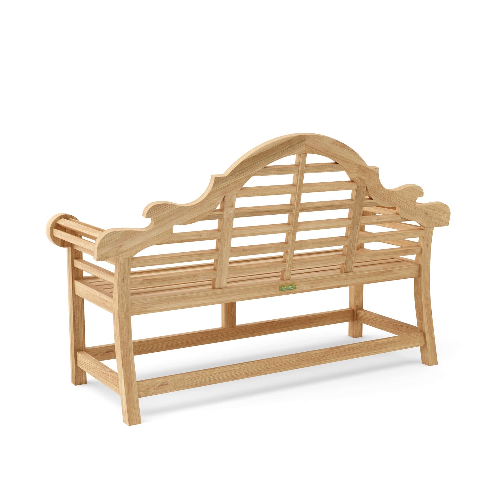 Wooden garden bench with curved backrest on a white background