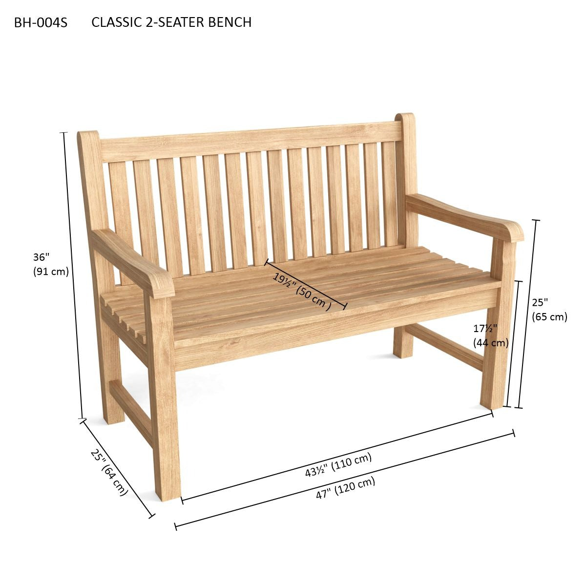 Wooden 2-seater bench with dimensions on a white background