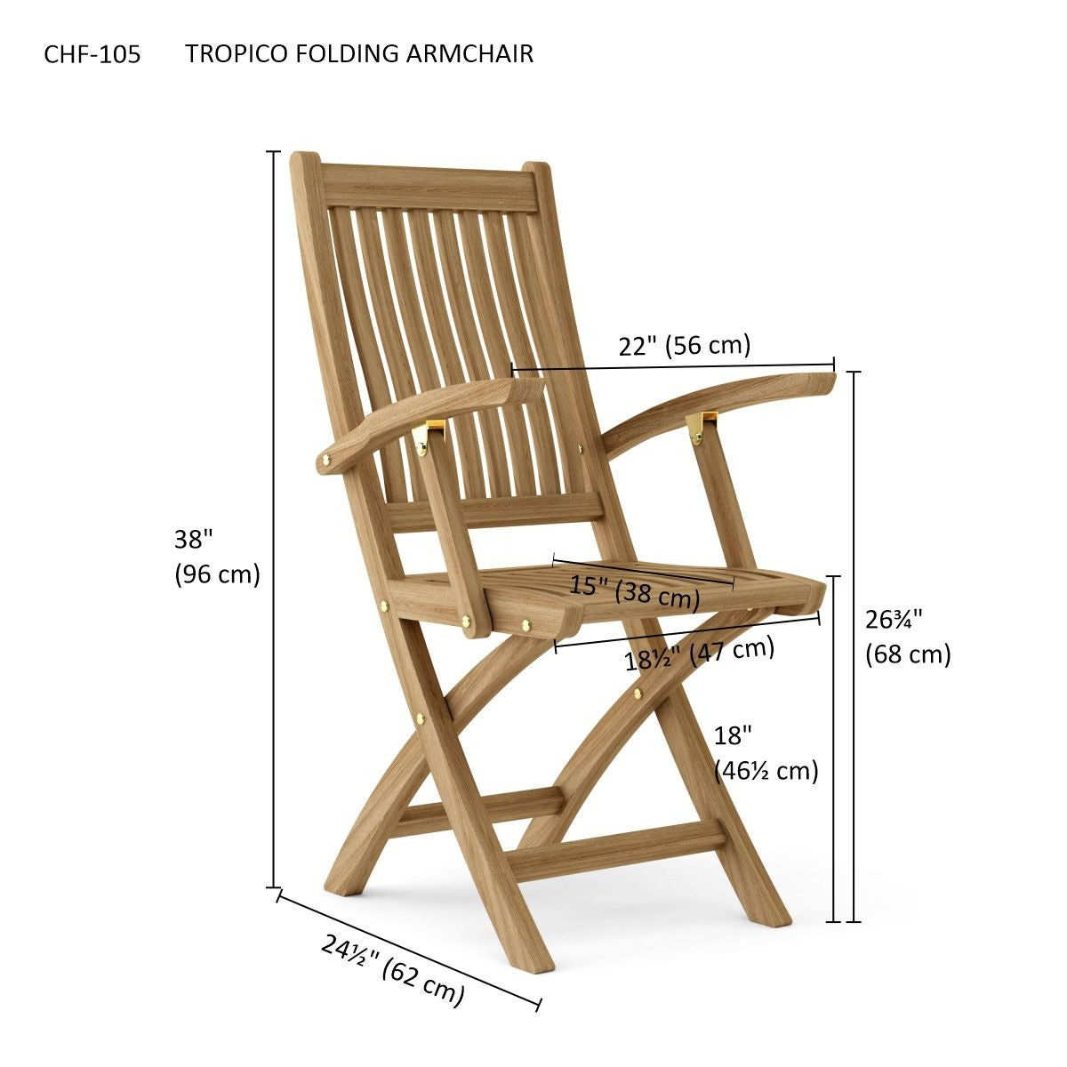 Wooden folding armchair with dimensions labeled on a white background