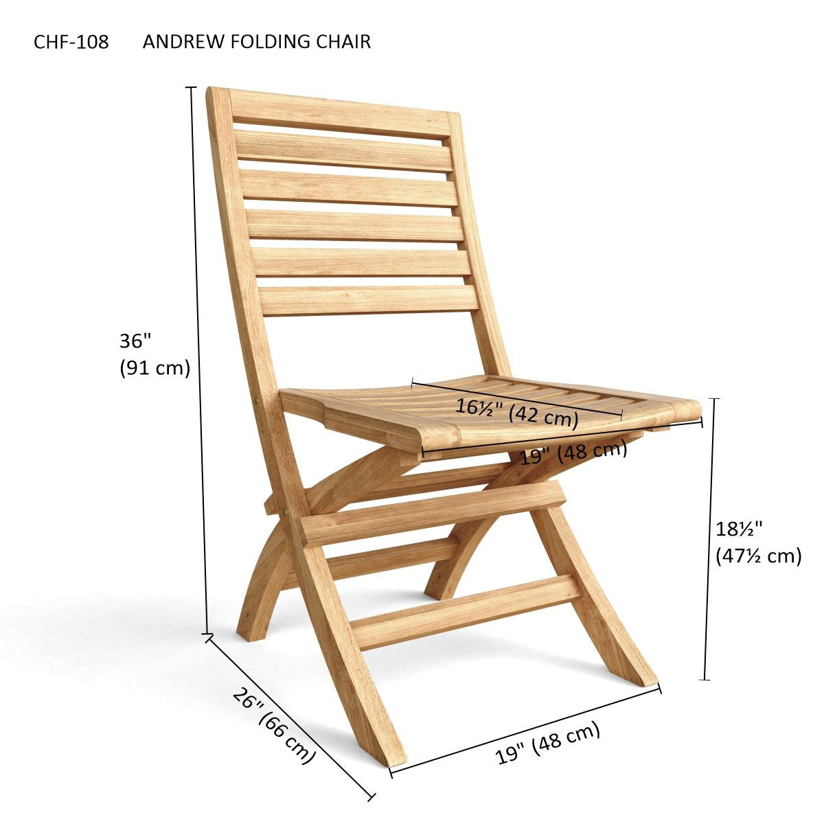 Wooden folding chair with dimensions labeled on a white background