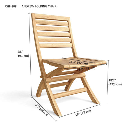 Wooden folding chair with dimensions labeled on a white background
